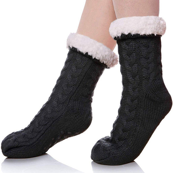 Cable Knit Slipper Socks with Faux Fur Lining and Grip Dots in One Size for Home Wear