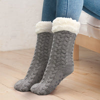Cable Knit Slipper Socks with Faux Fur Lining and Grip Dots in One Size for Home Wear