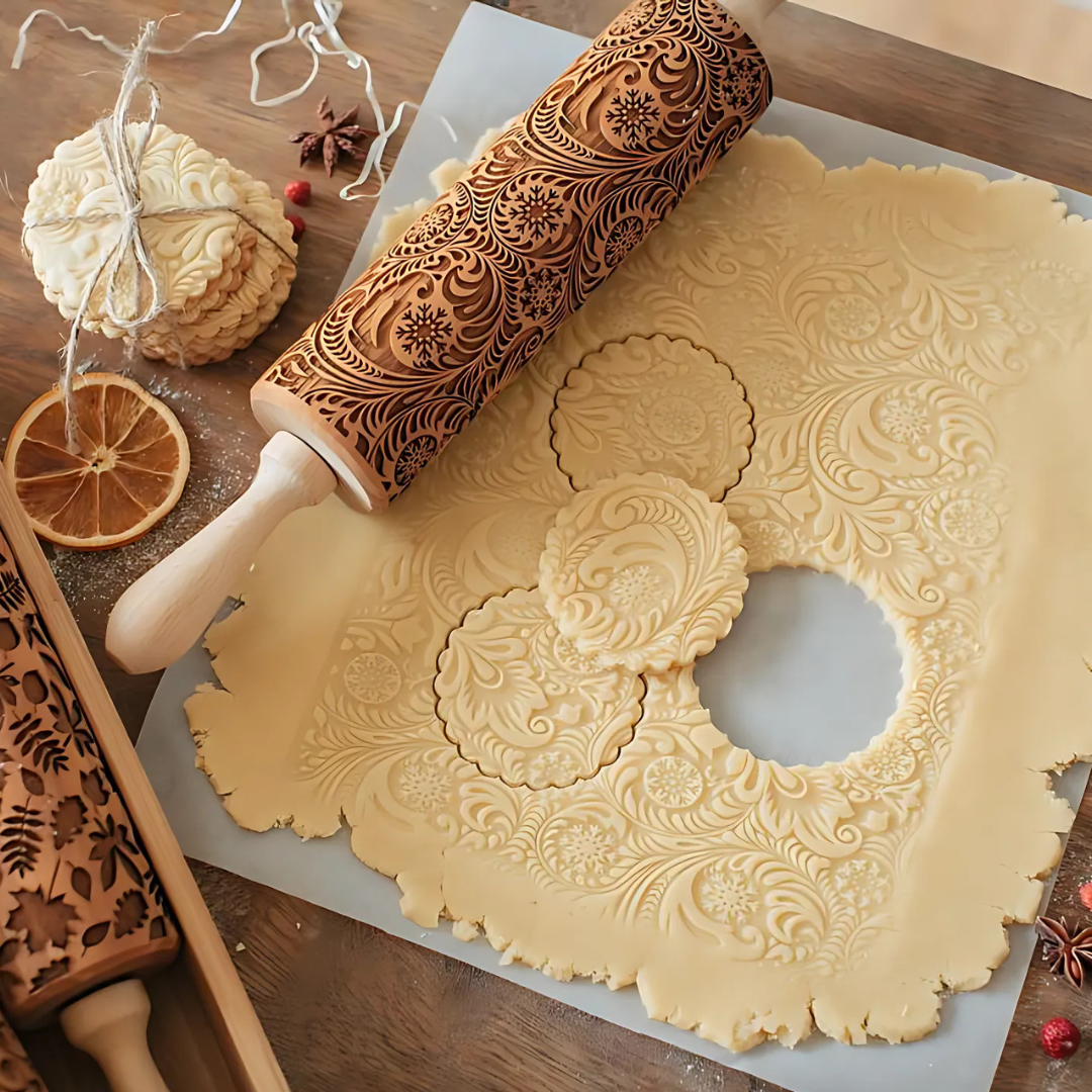 Embossed Wooden Rolling Pin with Christmas Patterns for Cookies Pie Crust and Fondant