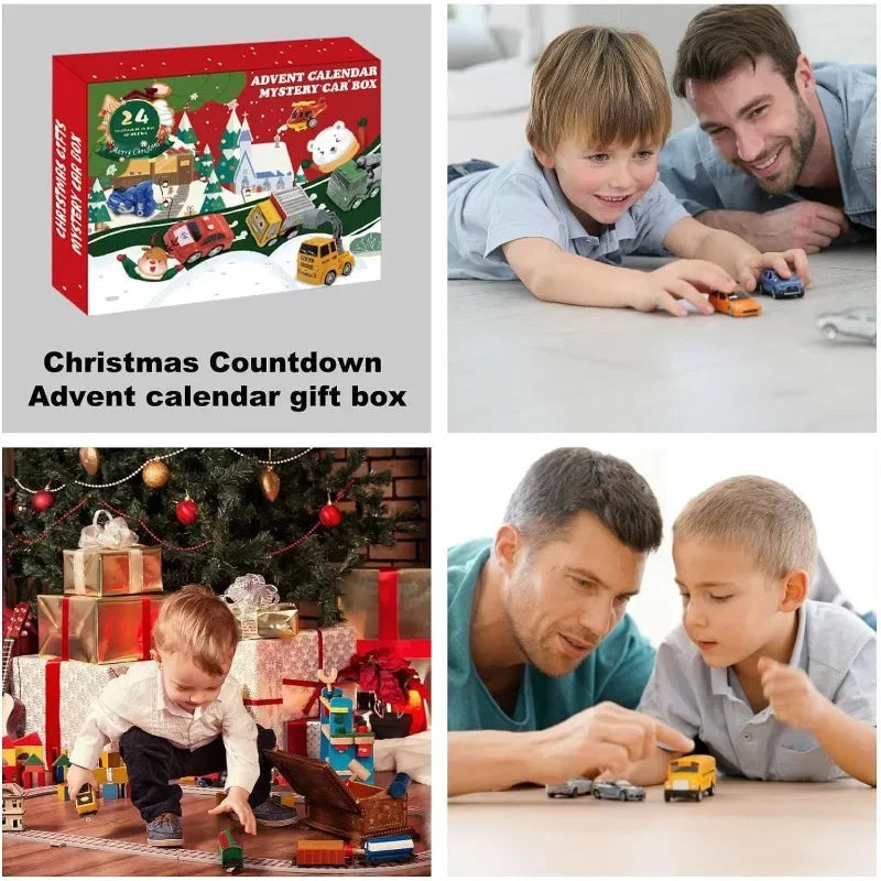 Pull Back Car Advent Calendar with 24 Mini Vehicles in Bright Colors for Racing at Home