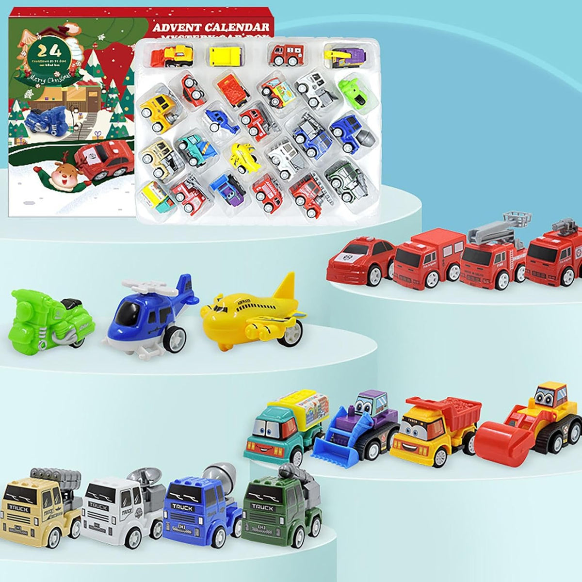 Pull Back Car Advent Calendar with 24 Mini Vehicles in Bright Colors for Racing at Home