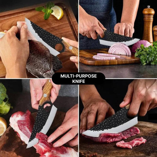 Kitchen Knife with Finger Notch Grip and Metal Alloy Blade, Cherry Wood Handle