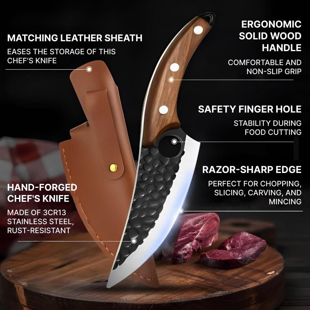 Kitchen Knife with Finger Notch Grip and Metal Alloy Blade, Cherry Wood Handle