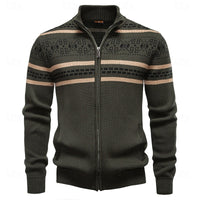 Mens Fair Isle Zip Up Cardigan with Stand Up Collar and Regular Fit in Navy Blue, Khaki and Military Green