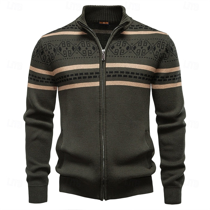 Mens Fair Isle Zip Up Cardigan with Stand Up Collar and Regular Fit in Navy Blue, Khaki and Military Green