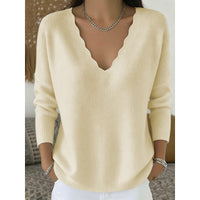 Womens Scalloped V Neck Pullover with Relaxed Fit in Ten Colors and Sizes Small to 3XL