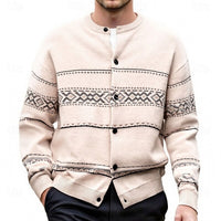 Mens Button Down Patterned Cardigan with Full Front Closure and Regular Fit in Dark Gray or Beige
