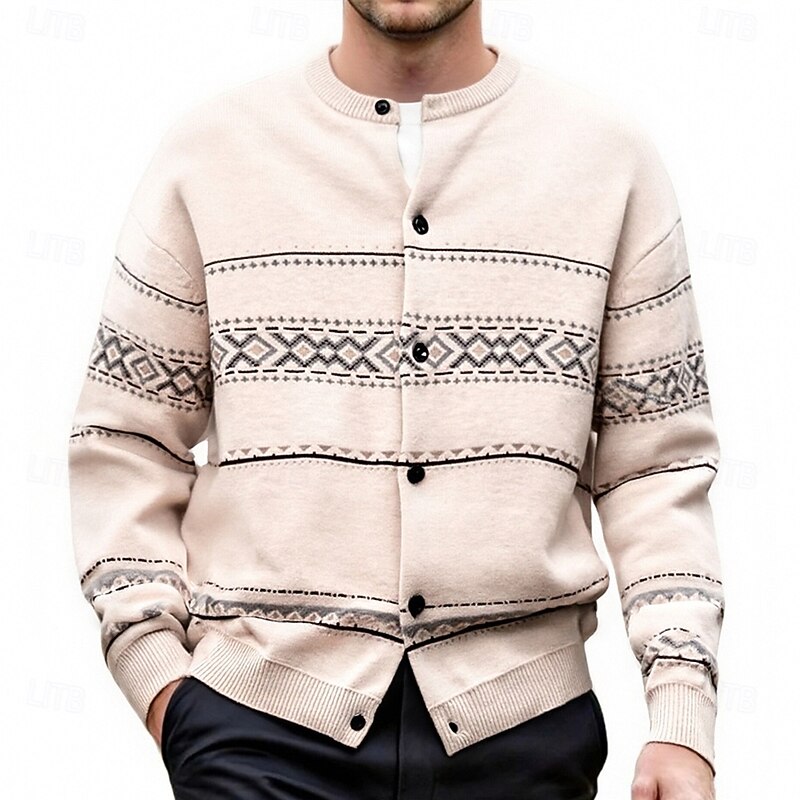 Mens Button Down Patterned Cardigan with Full Front Closure and Regular Fit in Dark Gray or Beige