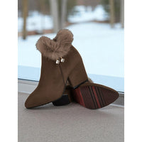 Block Heel Ankle Boots with Plush Trim, Pointed Toe and Side Zip in Brown or Black