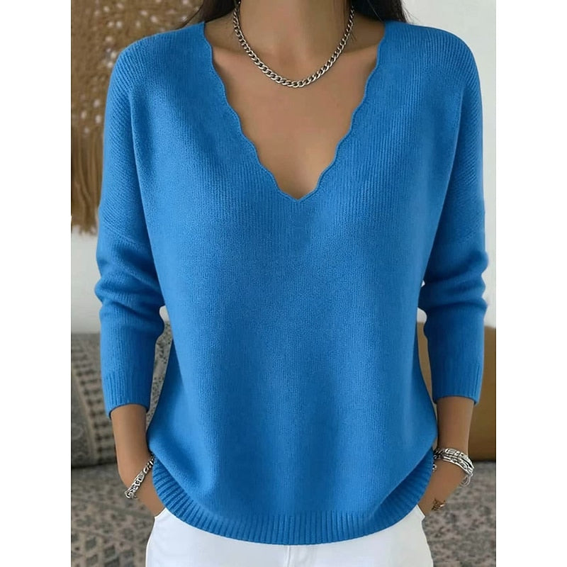 Womens Scalloped V Neck Pullover with Relaxed Fit in Ten Colors and Sizes Small to 3XL