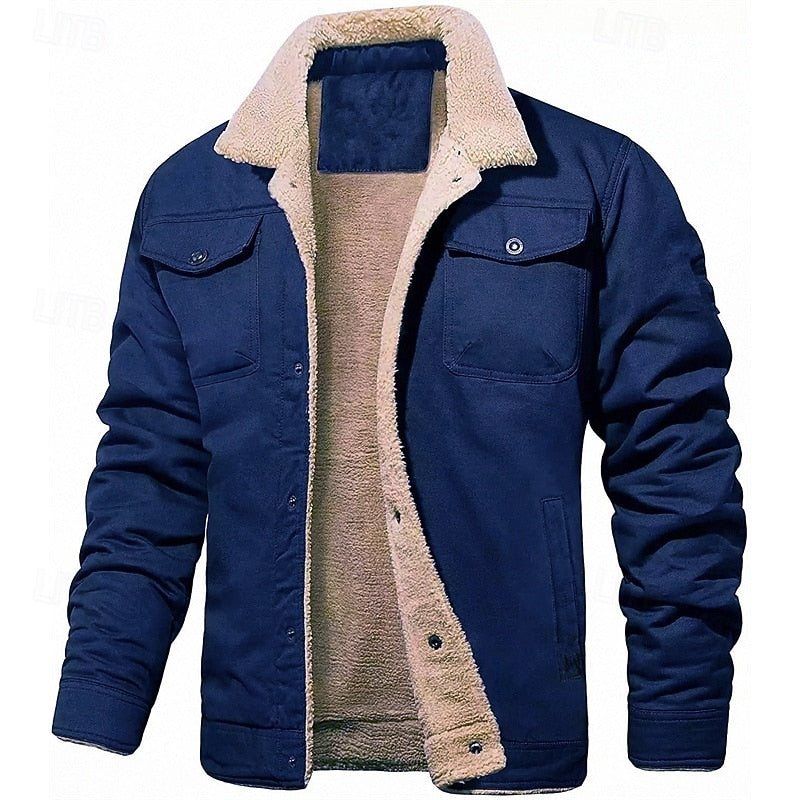 Plush Lined Trucker Jacket with Fold Down Collar and Four Storage Pockets