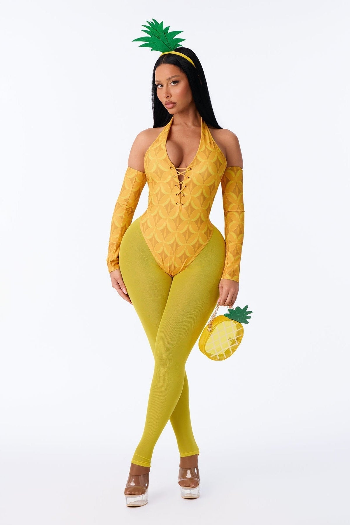 Five Piece Yellow Costume Set with Pineapple Bag and Accessories