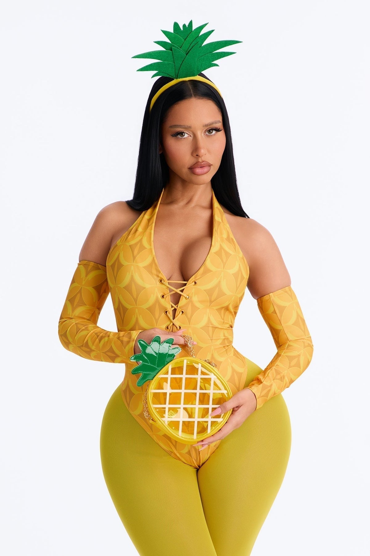 Five Piece Yellow Costume Set with Pineapple Bag and Accessories