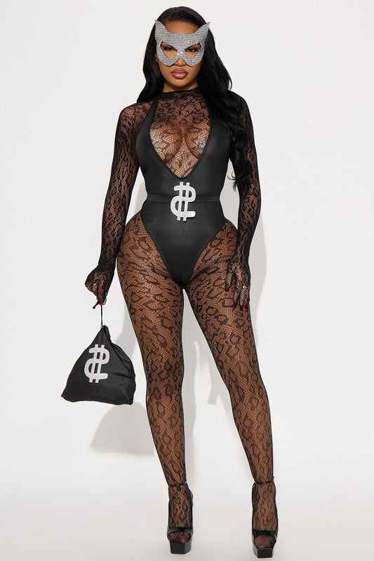 Seven Piece Cat Burglar Costume Set with Glossy Catsuit and Coordinated Accessories