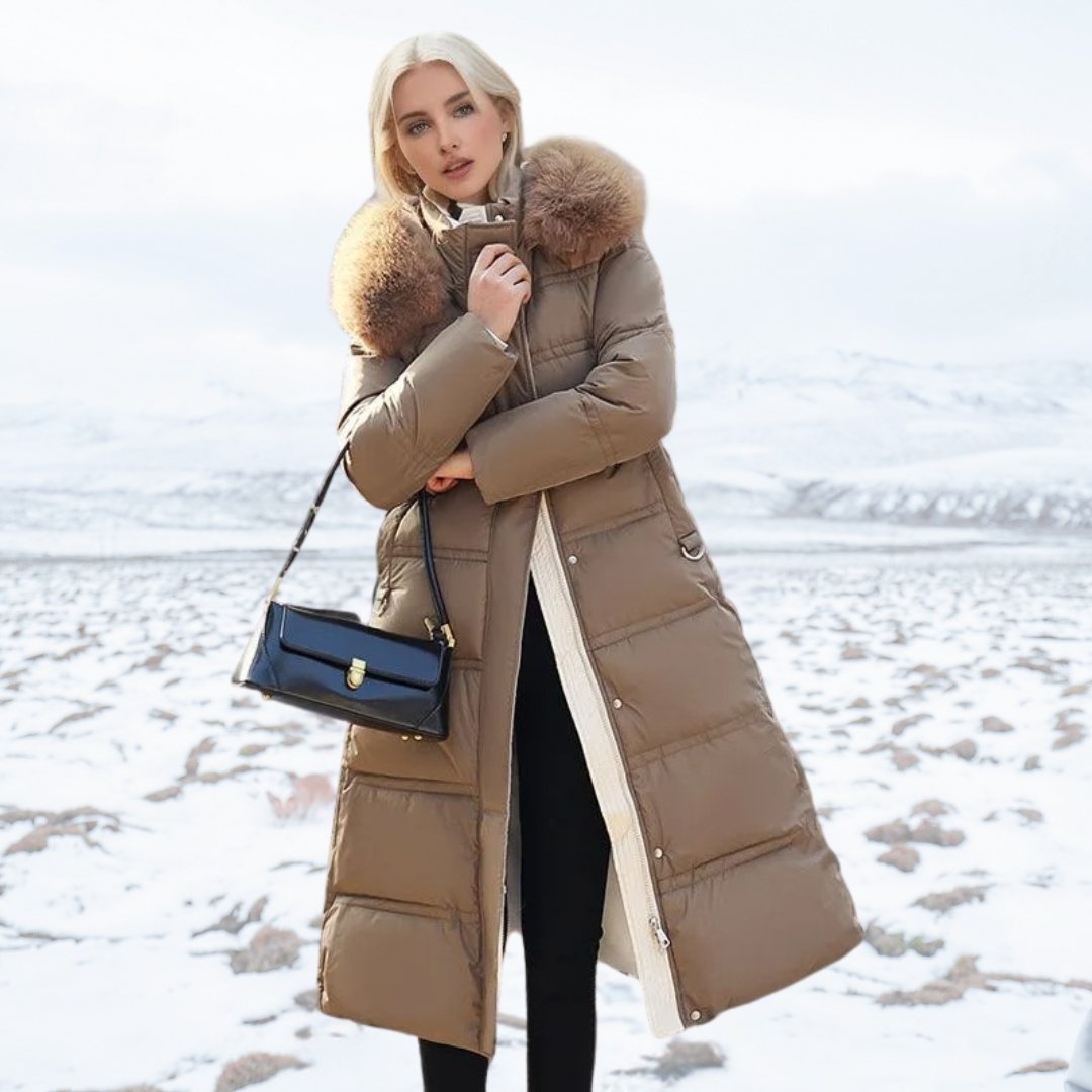Long Puffer Coat for Women with Fluffy Trimmed Hood and Full Length Zip for Winter