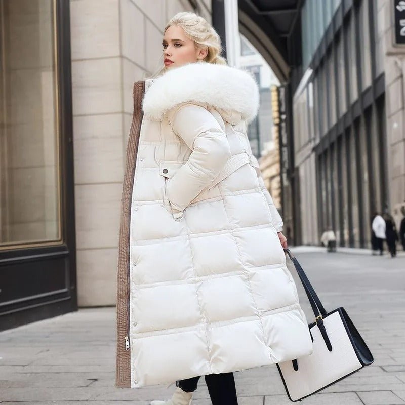 Long Puffer Coat for Women with Fluffy Trimmed Hood and Full Length Zip for Winter
