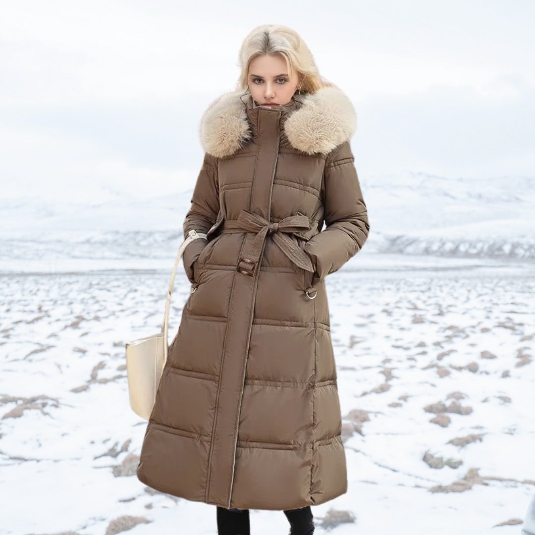 Long Puffer Coat for Women with Fluffy Trimmed Hood and Full Length Zip for Winter