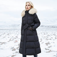 Long Puffer Coat for Women with Fluffy Trimmed Hood and Full Length Zip for Winter
