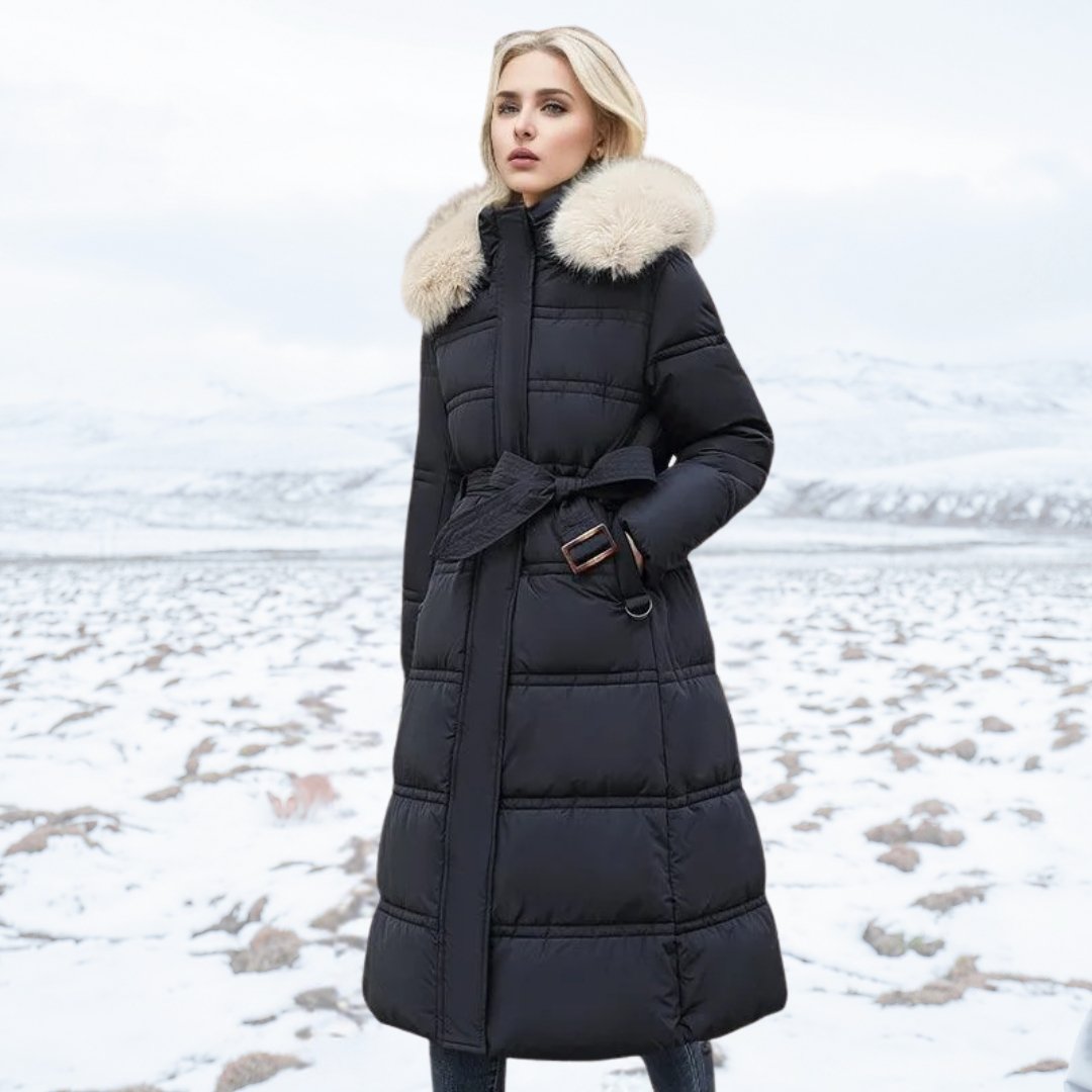 Long Puffer Coat for Women with Fluffy Trimmed Hood and Full Length Zip for Winter