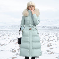 Long Puffer Coat for Women with Fluffy Trimmed Hood and Full Length Zip for Winter