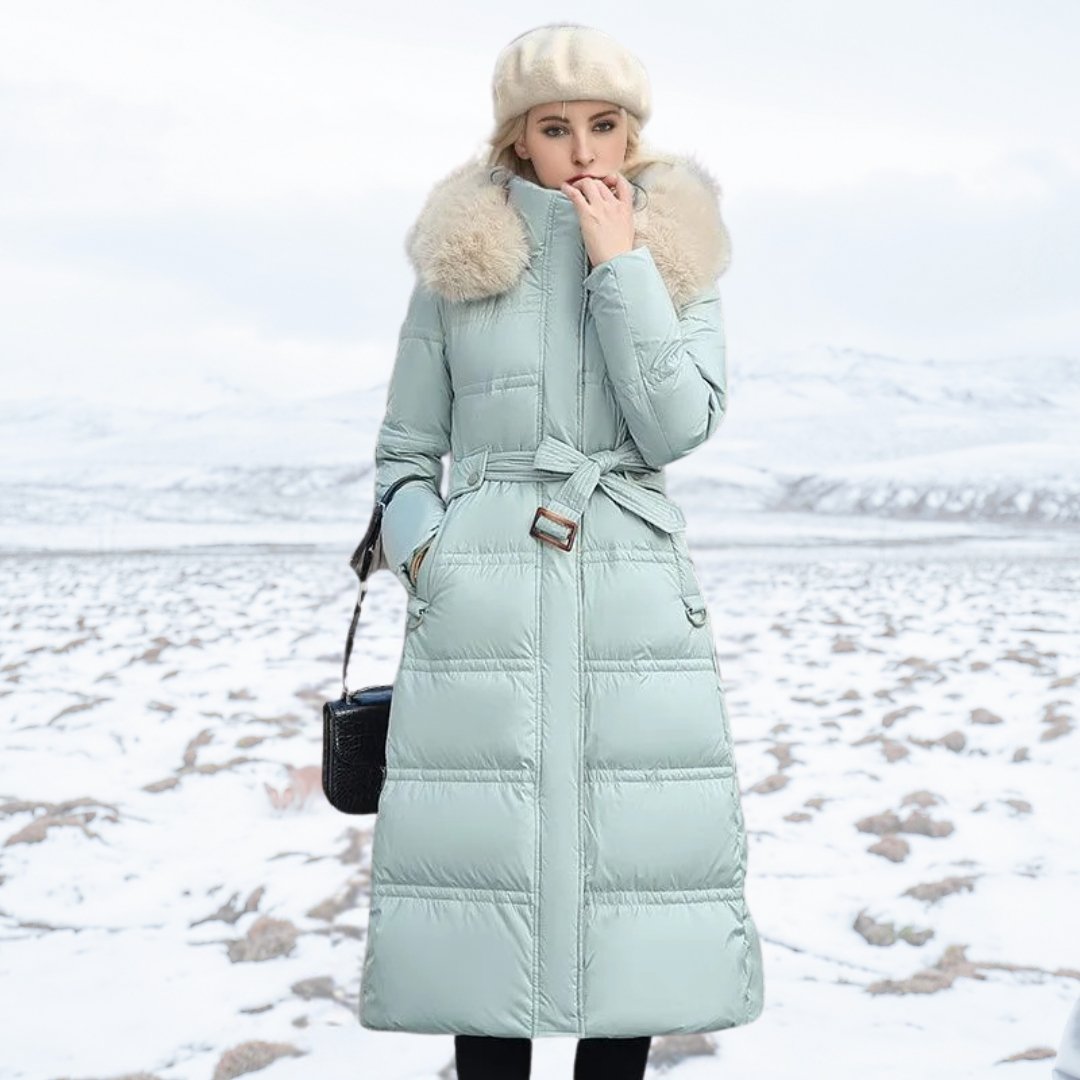 Long Puffer Coat for Women with Fluffy Trimmed Hood and Full Length Zip for Winter
