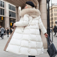 Long Puffer Coat for Women with Fluffy Trimmed Hood and Full Length Zip for Winter