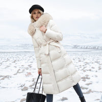 Long Puffer Coat for Women with Fluffy Trimmed Hood and Full Length Zip for Winter