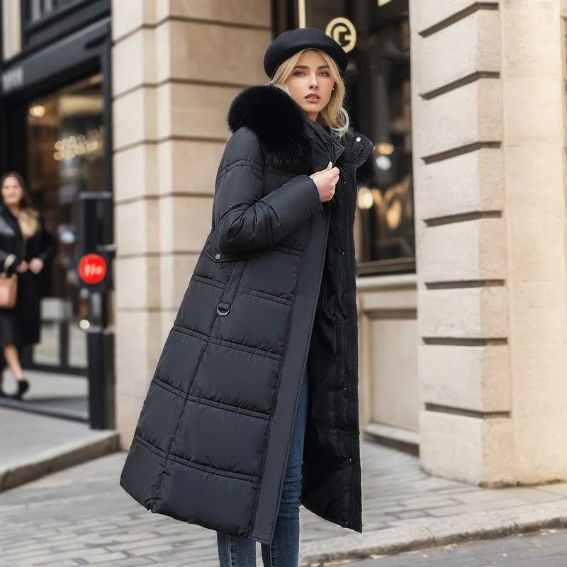 Long Puffer Coat for Women with Fluffy Trimmed Hood and Full Length Zip for Winter