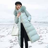 Long Puffer Coat for Women with Fluffy Trimmed Hood and Full Length Zip for Winter
