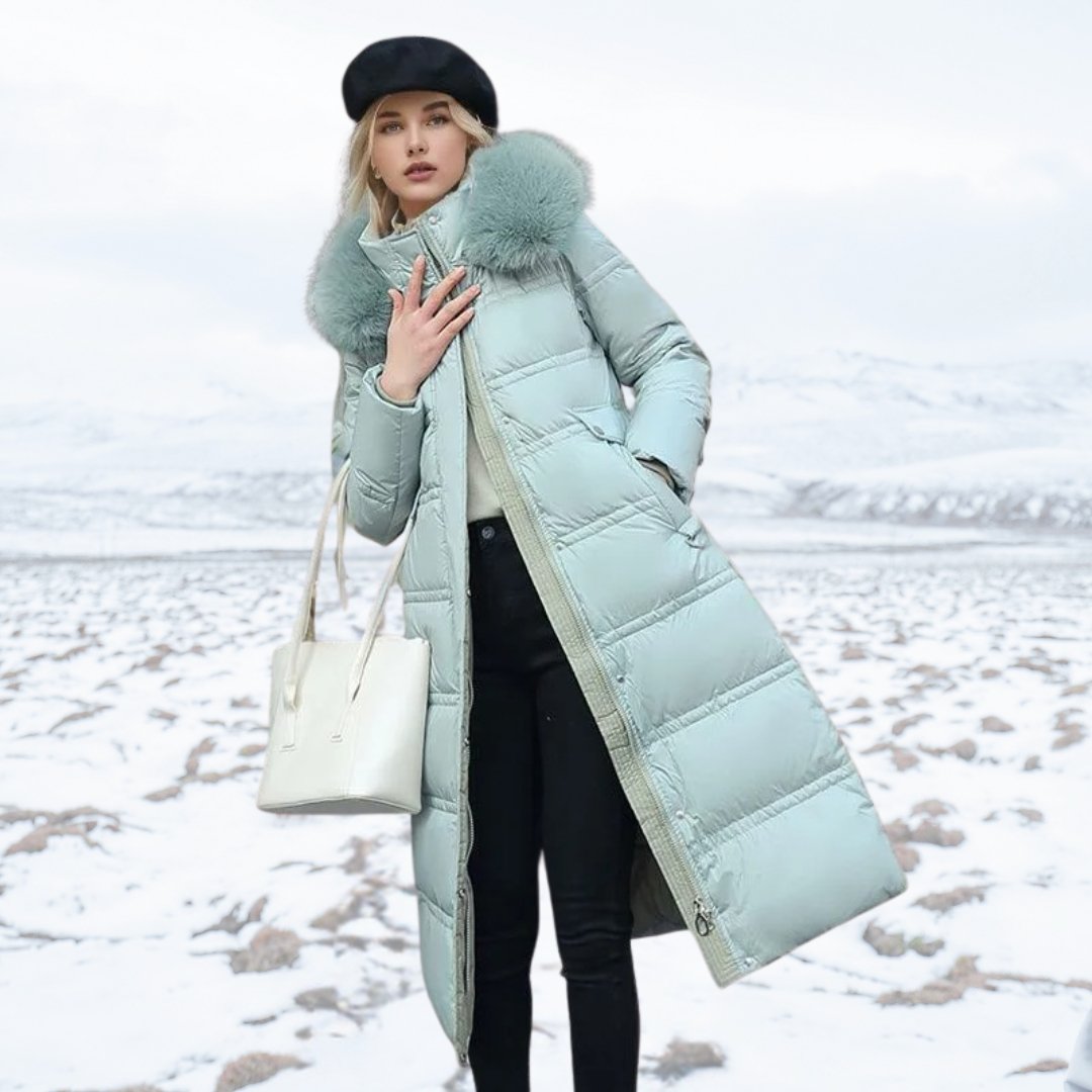 Long Puffer Coat for Women with Fluffy Trimmed Hood and Full Length Zip for Winter