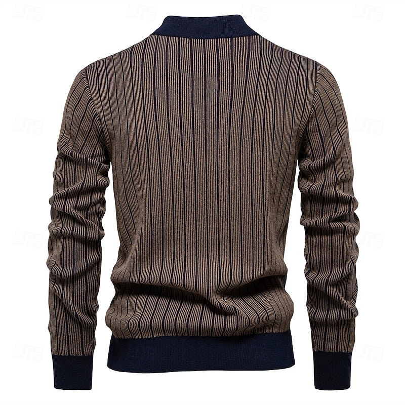 Mens Ribbed Mock Neck Sweater with Vertical Rib Pattern and Tailored Relaxed Fit in Four Colors