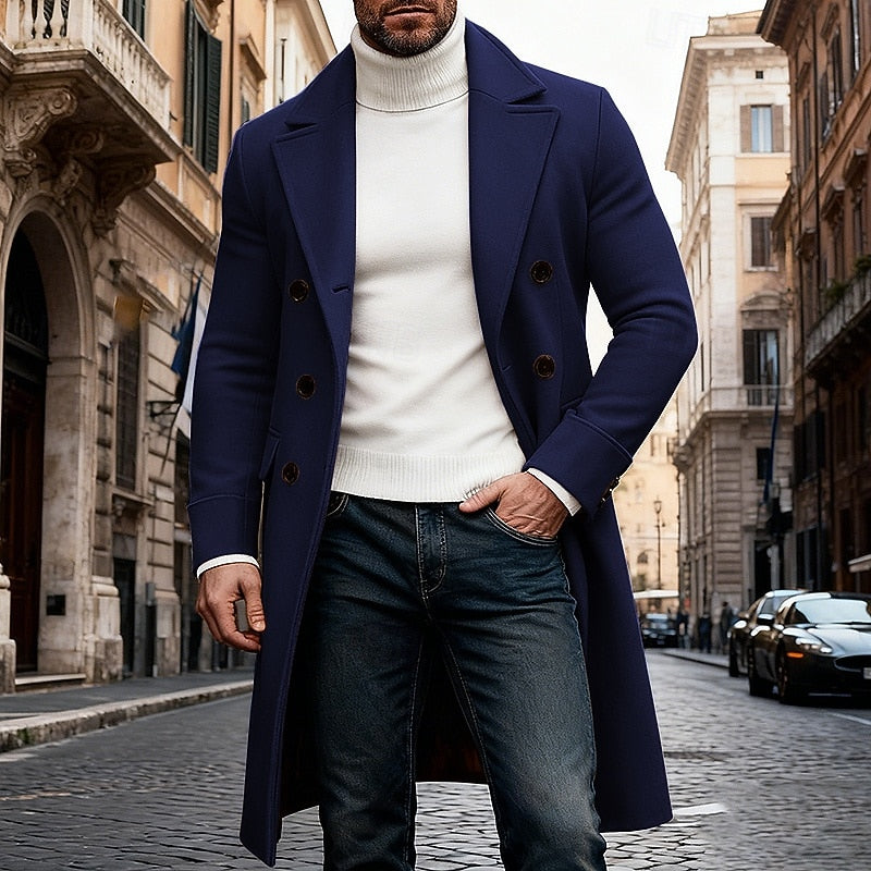 Mens Long Overcoat with Double Breasted Look, Roomy Pockets and Structured Fit in Eight Colors