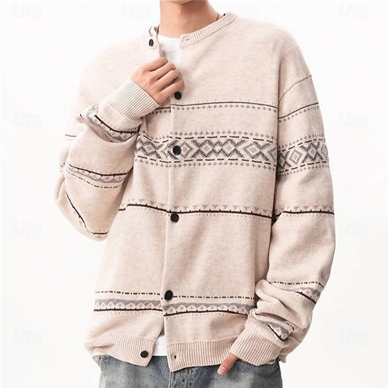Mens Button Down Patterned Cardigan with Full Front Closure and Regular Fit in Dark Gray or Beige