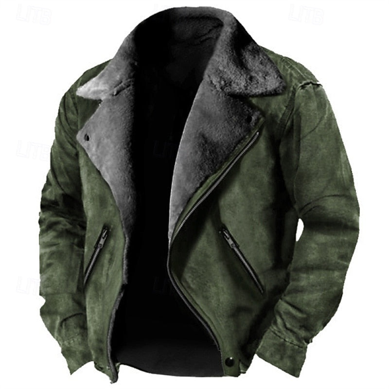 Mens Winter Jacket with a Plush Lining, Classic Collar and Front Zip in Brown, Green or Black