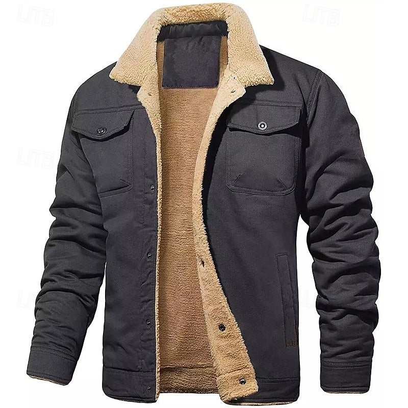 Plush Lined Trucker Jacket with Fold Down Collar and Four Storage Pockets