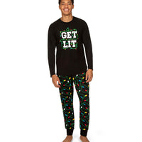 Mens Christmas Lights Pajama Set with Get Lit Slogan Top and Printed Pants