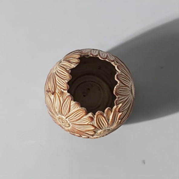 Beige Floral Textured Stoneware Decorative Vase