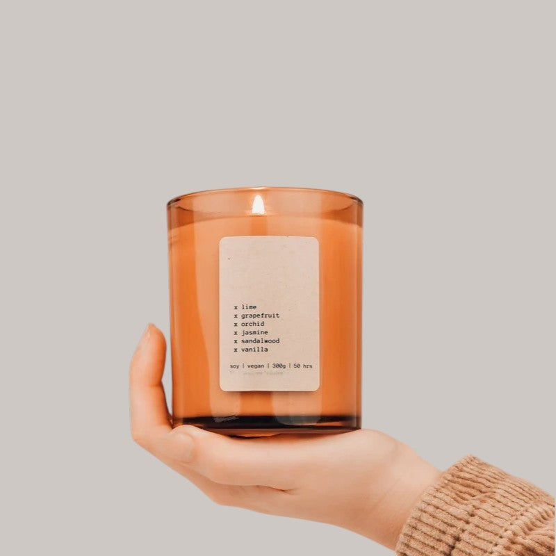 Citrus Floral Sandalwood Soy Candle in Amber Glass Jar