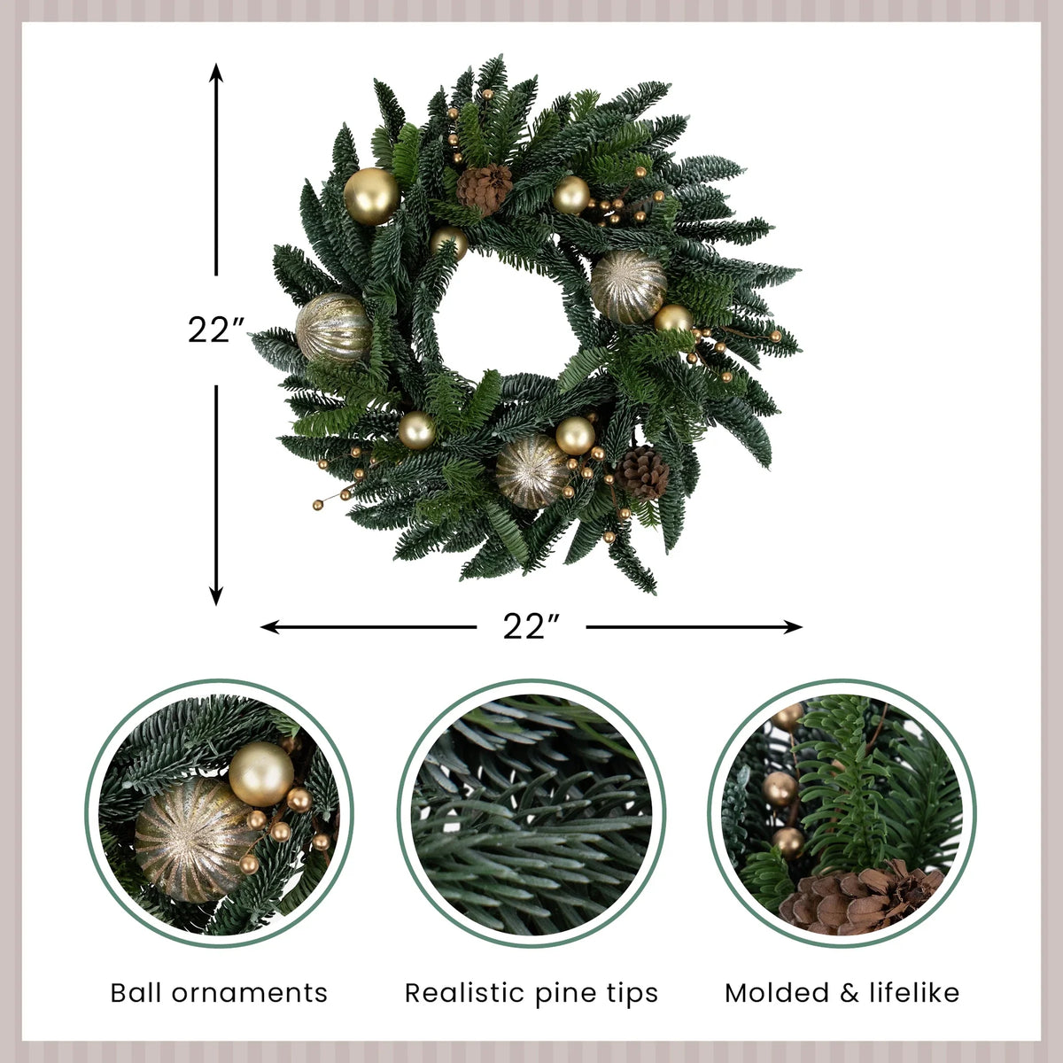 Christmas Wreath 22 Inch with Gold Ornaments and Real Pine Cones