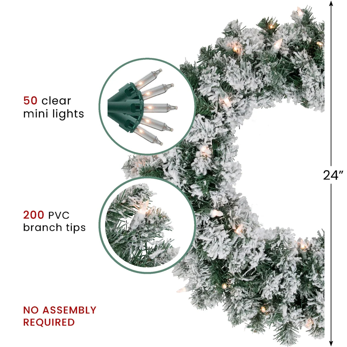 Pre Lit White Christmas Wreath with 50 Clear Mini Lights and 200 Branch Tips, 24 Inch
