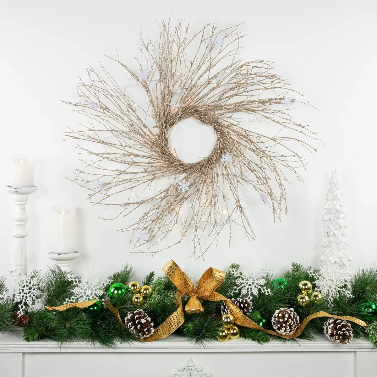 Warm White LED Christmas Wreath with Snowflake Accents and Glitter, 28 Inch
