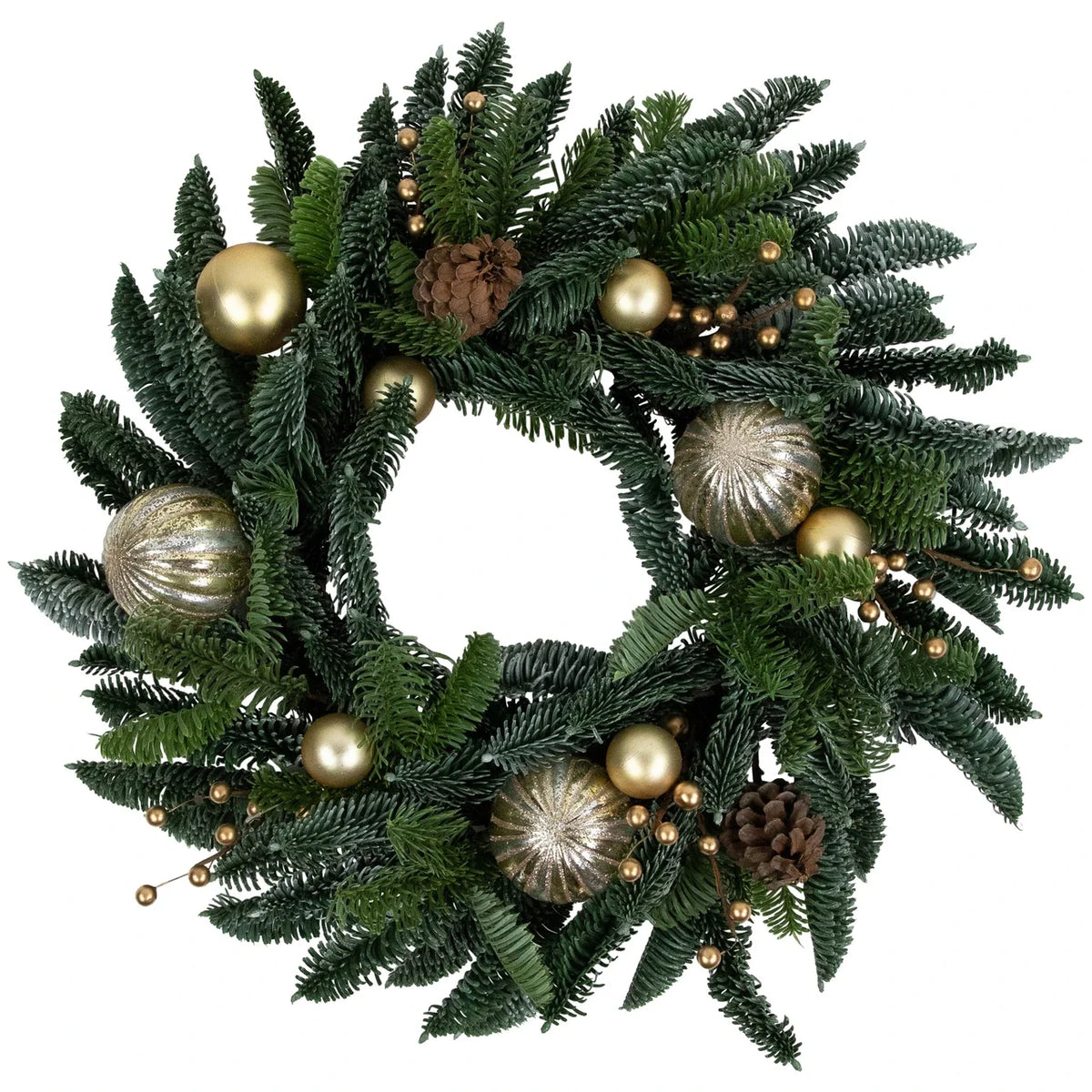 Christmas Wreath 22 Inch with Gold Ornaments and Real Pine Cones