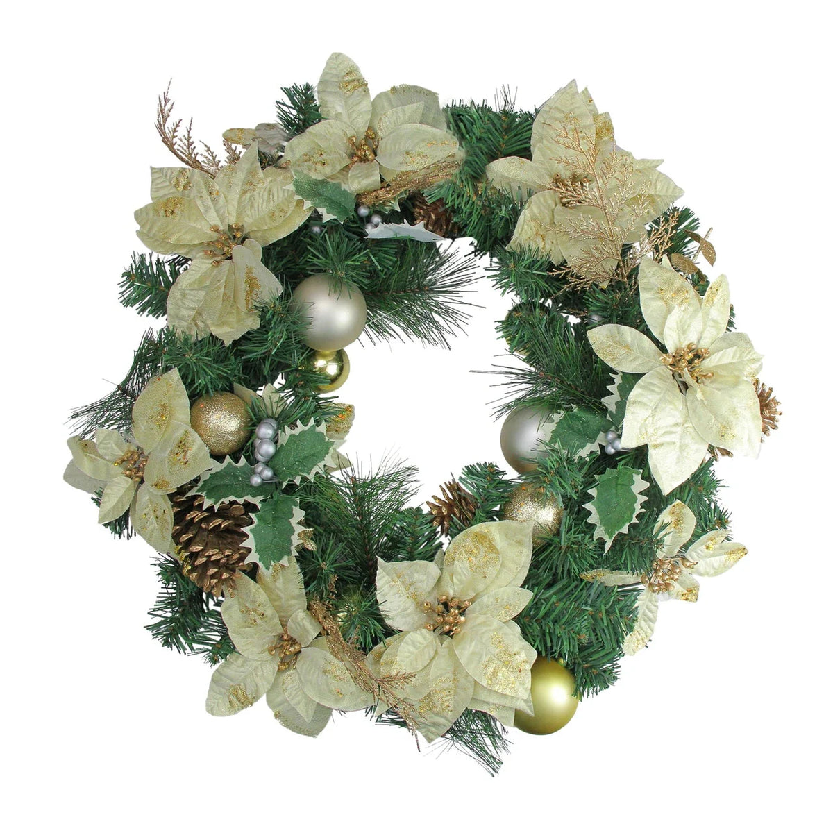 24-Inch Holiday Wreath with Gold Ornaments and Red Poinsettias, Pinecones