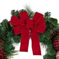 Red Bow Christmas Wreath with Plaid and Snowflake Ornaments 30 Inch Unlit