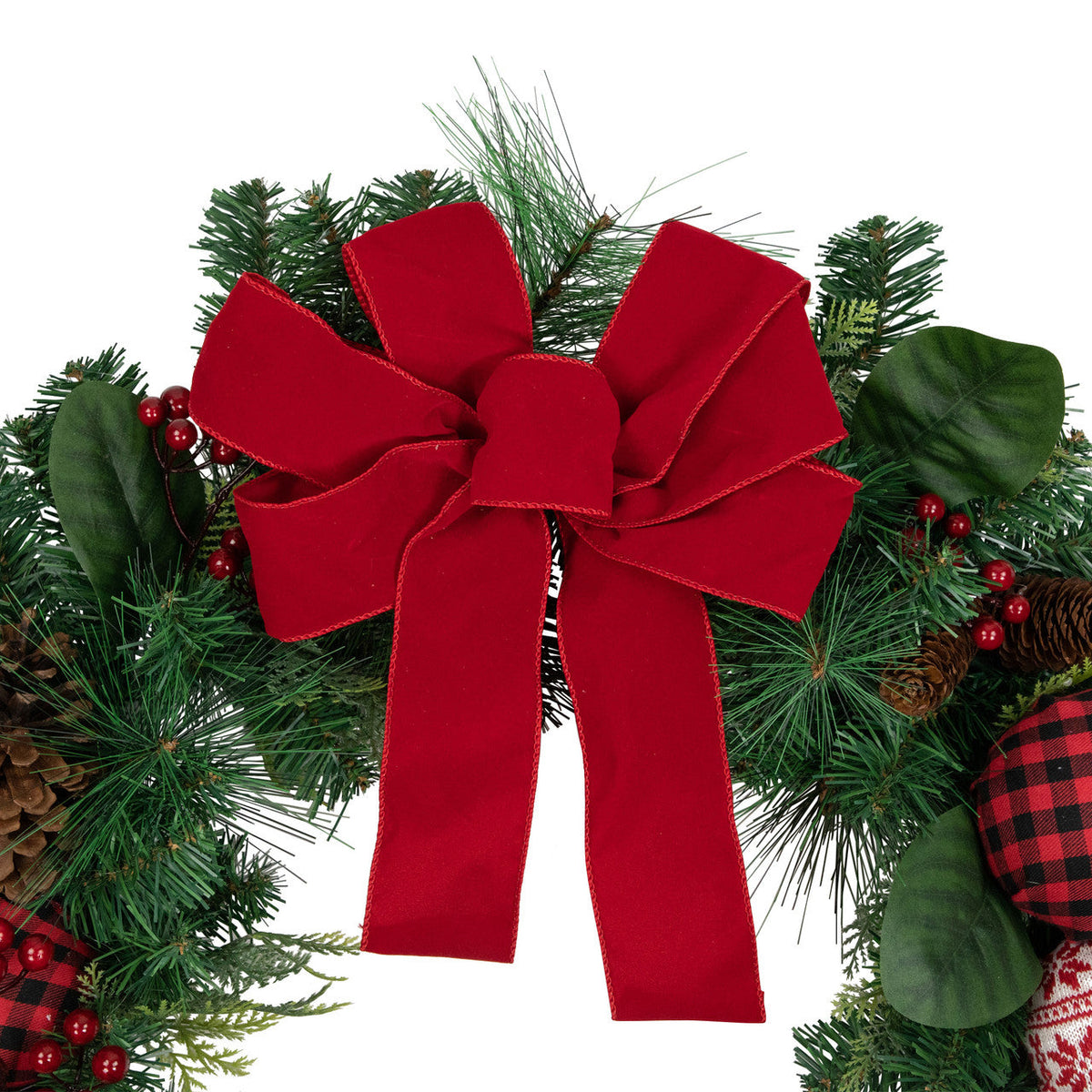 Red Bow Christmas Wreath with Plaid and Snowflake Ornaments 30 Inch Unlit