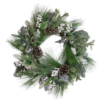Winter Greenery Wreath with Frosted Pine, White Berries and Silver Ornaments, 24 Inch