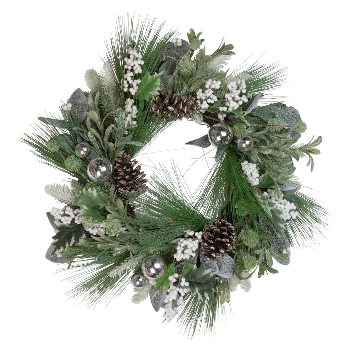 Winter Greenery Wreath with Frosted Pine, White Berries and Silver Ornaments, 24 Inch