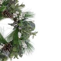 Winter Greenery Wreath with Frosted Pine, White Berries and Silver Ornaments, 24 Inch
