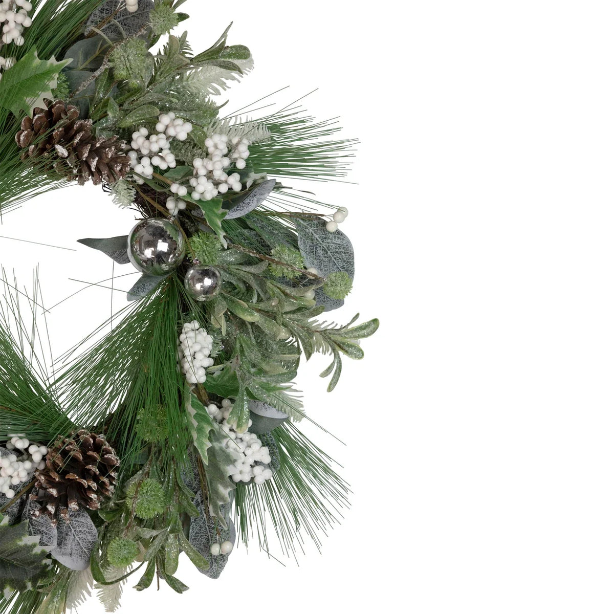 Winter Greenery Wreath with Frosted Pine, White Berries and Silver Ornaments, 24 Inch