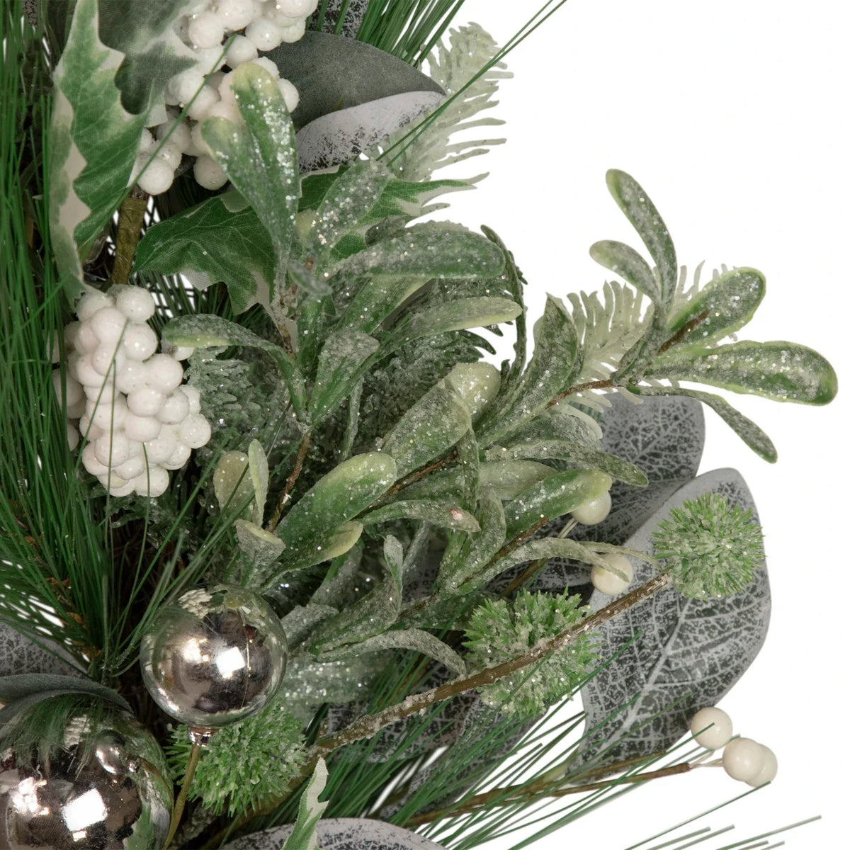 Winter Greenery Wreath with Frosted Pine, White Berries and Silver Ornaments, 24 Inch